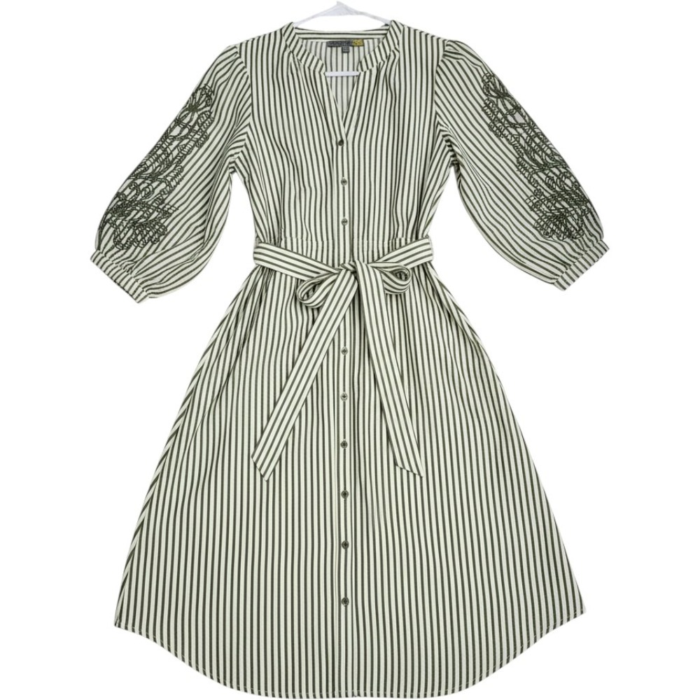 Figueroa & Flower Peasant M Cottagecore green stripe embroidered sleeves dress - Picture 1 of 10